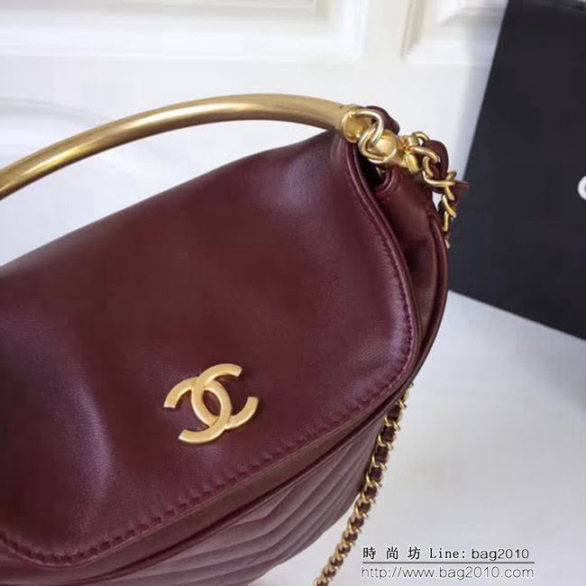 香奈兒CHANEL棗紅Chanel A57861 2018早秋Paris-Hamburg復古風小羊皮水桶包鏈條包DSC1488